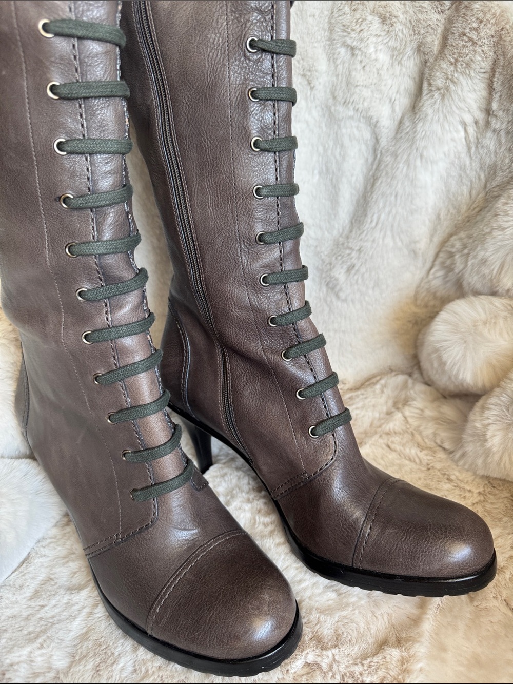 Via Spiga full Leather Tall Lace-Front Buckle Boots in Brown Taupe - Picture 7 of 15